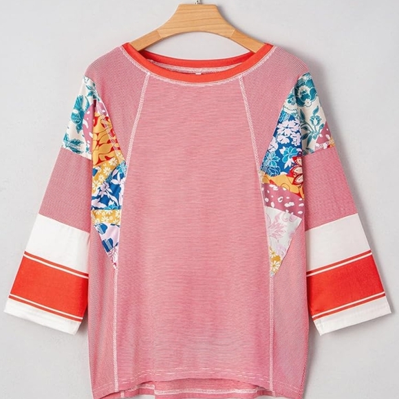 Tops - EVALESS Boho Top for Women Oversized 3/4 Length Sleeve Crewneck Patchwork